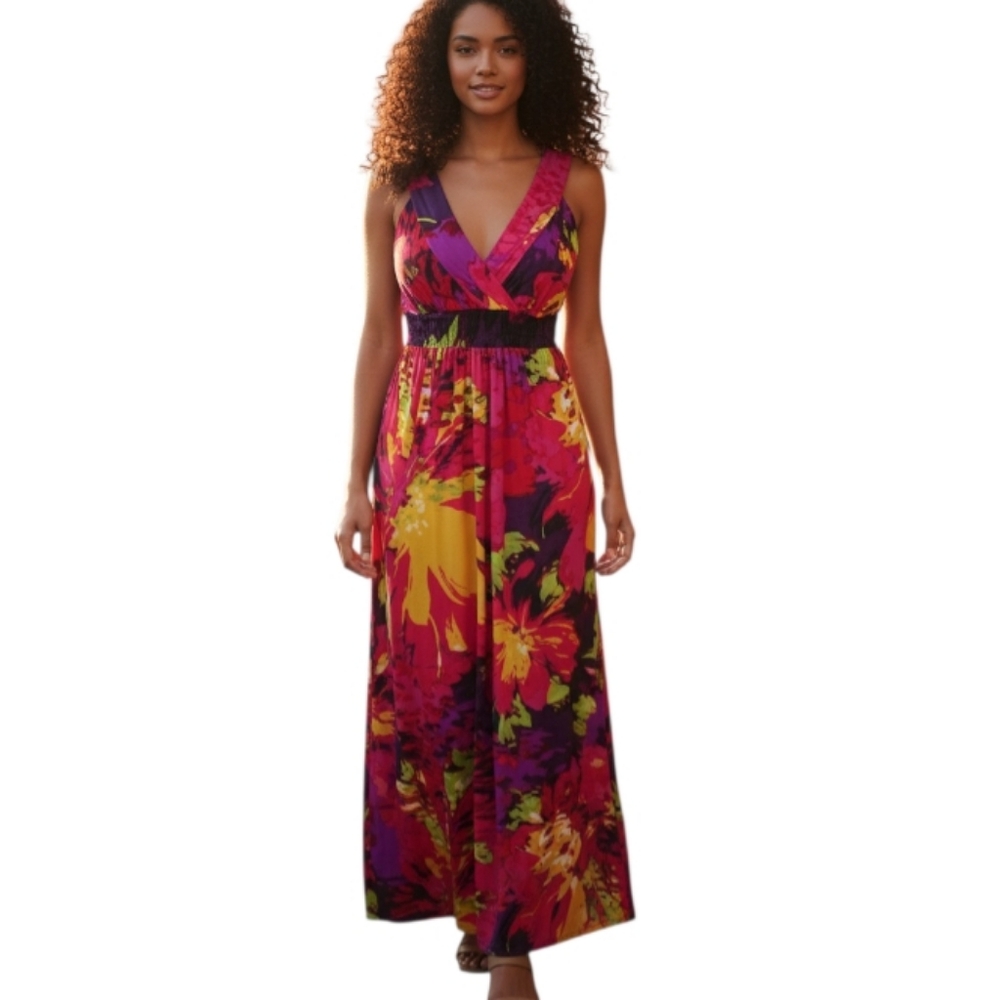 PRETTY YOUNG THING PINK, YELLOW & PURPLE MAXI DRESS SZ.S EUC
